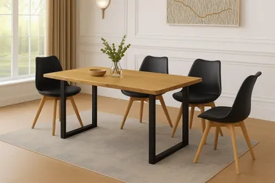 Produktbild von Essgruppe Baumkante massiv 140 x 80 cm Holz Wildeiche-Optik U-Gestell schwarz & 4 Stühle schwarz JOSY