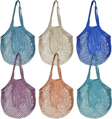 Produktbild von Unyqoos® 6er-Set Baumwoll-Netztaschen 60×40 cm – wiederverwendbare Obst- & Gemüsebeutel mit 24 cm Tragegriff, bis 5 kg, 6 Farben, waschbar