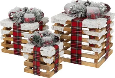 Produktbild von ECD Germany 3er Set LED Weihnachten Geschenkboxen, Braun, Holz geschneit, batteriebetrieben mit Timer
