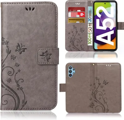 Produktbild von Handy Tasche für Samsung Galaxy A52 / A52 5G / A52s 5G  Schutz Hülle Handyhülle mit Blumenmuster Klapp Hülle mit Standfunktion und Kartenfächer Grau