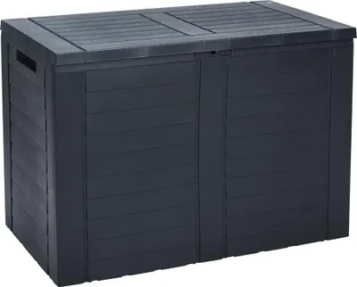 A dark gray plastic storage box with a wood-like texture.