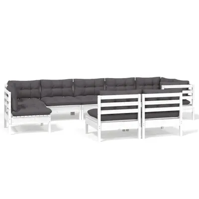 Produktbild von 9-tlg. Garten-Lounge-Set mit Kissen Weiß Kiefer Massivholz