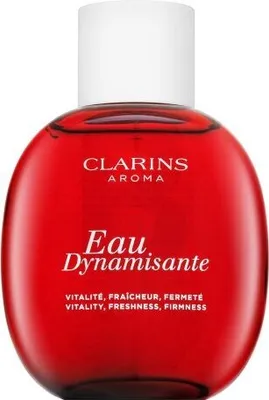 A red bottle of Clarins Eau Dynamisante with a white cap, presented on a white background.