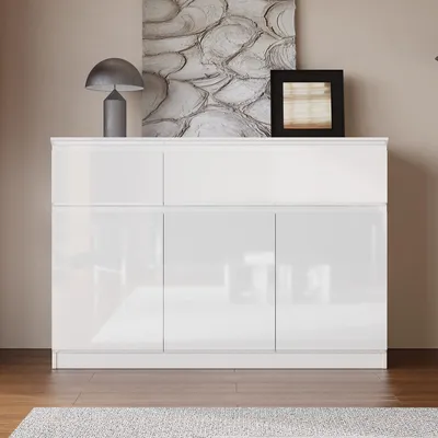 Produktbild von Hochglanz Sideboard Weiß 120x40x83cm, 2 Schubladen & 3 Türen mit PET-Oberfläche, Moderner Stauraumschrank für Wohnzimmer und Küche