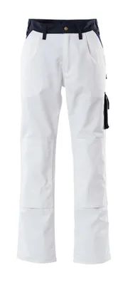 A pair of white work pants with navy blue accents.
