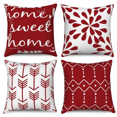 Immagine prodotto di Cuscini decorativi, fodere rosse e bianche, motivo geometrico, lino, set da 4, 45x45 cm