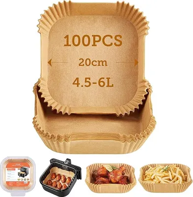 Produktbild von Cosori Backpapier für Heißluftfritteuse XXL 4-7,3 L, 100 Stück 20 cm, ungebleichtes Airfryer zubehör, antihaftbeschichtete Einwegschalen, Pergamentpapier, kompatibel mit gängigen Heißluftfritteusen
