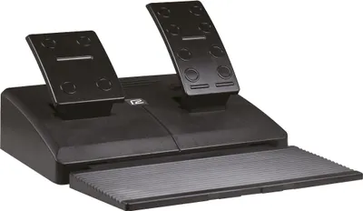 A black gaming steering wheel pedal set is shown against a white background.