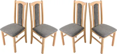 Four wooden dining chairs with gray upholstered seats and backs are arranged against a white background.