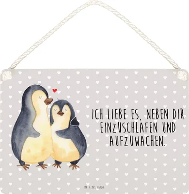 Produktbild von Mr. & Mrs. Panda Wandbild Holz Pinguine Einschlafen DIN A5 - Grau Pastell - Geschenk, Valentinstag, Türschild, Hochzeitstag, für Freundin, Frauen, Holzschild, holzbild