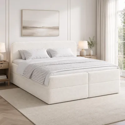 Obrázek produktu pro Postel s pružinovou základnou QLA MALAGA, rozměr 180x200 cm, s 2 zásuvkami, 7-zónová taštičková pružina, vrchní matrace, potah z materiálu bouclé, barva bílá