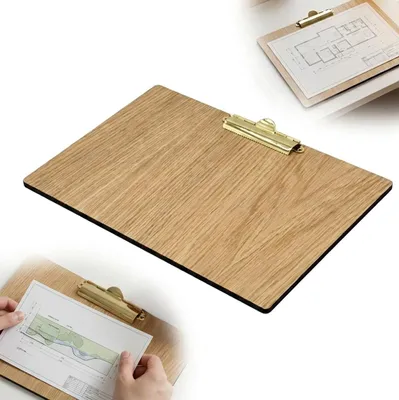 Produktbild von CLIPBOARD A4, querformatig, aus Eichenholz, mit goldener Klammer für Notizen