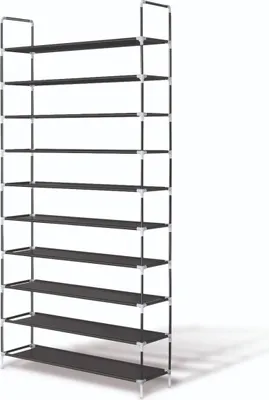 A tall, multi-tiered shoe rack is shown against a white background.