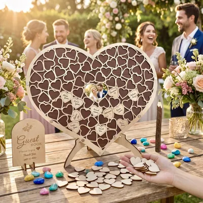 Immagine prodotto di Omgoods - Libro degli ospiti a forma di cuore in legno per matrimoni - Set decorativo
