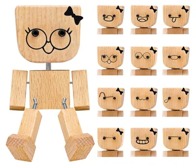 Produktbild von 1 Set wackelnde Holzfigur eines Mannes mit 12 magnetischen Gesichtsausdrücken, handgefertigten wackelnden Füßen, Holzpuppe, Auto-Armaturenbrett-Tischdekoration A