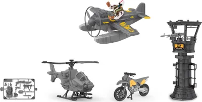 Produktbild von Militärset mit Flugzeug 21 cm, Wachturm 30 cm, Hubschrauber, Motorrad, Pilotenfigur