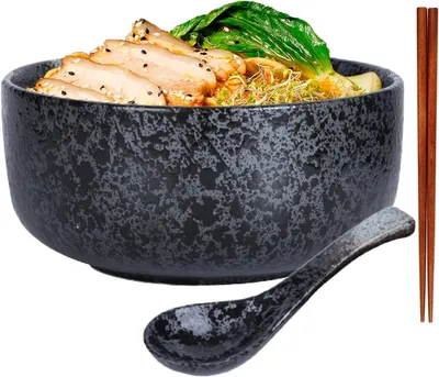 Produktbild von Ramen Schüssel 16 cm, Japanische Porzellan Schüssel, mit Löffel und Essstäbchen, für Suppe und Salate