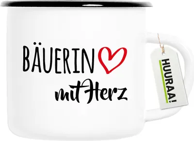 Produktbild von Huuraa Emaille Tasse Bäuerin mit Herz 300ml Vintage Campingbecher Geschenkidee