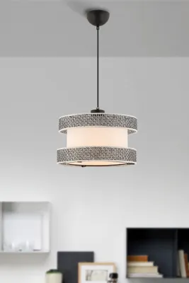 Produktbild von Opviq, Moderne Deckenleuchte (Chandelier) mit Metallkörper, Baumwollschirm (40 x 40 cm, Höhe: 20 cm), Gesamt-Höhe: 65 cm, E27 Fassung, grau-weiß, , ideal für Hotel & modernes Wohnen.