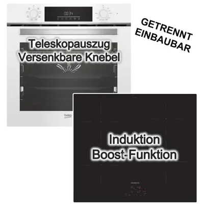 Produktbild von Herdset Beko Einbau-Backofen SteamShine Teleskopauszug weiß + Siemens Induktionskochfeld powerBoost touchControl