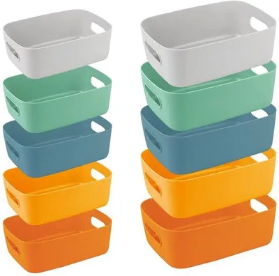 Productafbeelding van Unyqoos® Set van 10 stapelbare opbergboxen van kunststof met handgrepen – 2 formaten (25×16,5×10 cm & 20,5×14×7,3 cm), 5 kleuren