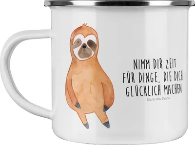 Produktbild von Mr. & Mrs. Panda Teetasse Faultier Zufrieden - Weiß - Geschenk, faul, Happy, Campingbecher, Teebecher, Zufriedenheit, glücklich, Haferl, Glück, Emaille Tasse