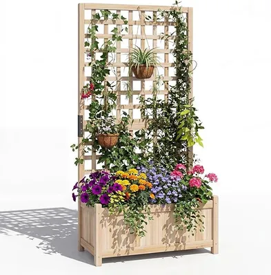Produktbild von Blumenkasten mit Rankgitter, Pflanzkasten Tannenholz, Pflanzkübel mit Sichtschutz, Hochbeet mit Spalier & Drainagelöchern, Rankhilfe für Kletterpflanzen Garten, 76 x 32 x 143 cm (Natur)
