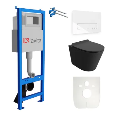 Produktbild von Lavita LAV 101 Vorwandelement für WC 40cm + Wand Hänge Tiefspül WC GALVE Schwarz Spülrandlos + Bedienplatte LAV 200.3.1 Weiß  | Komplettset | Unterputz Spülkasten | Toilette Komplett Sett