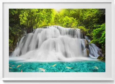 Produktbild von Huai Mae Khamin Wasserfall in Thailand– Wandbild mit Rahmen – Gerahmtes Bild  – Wanddekoration – 100x70 cm –  Weiß Rahmen