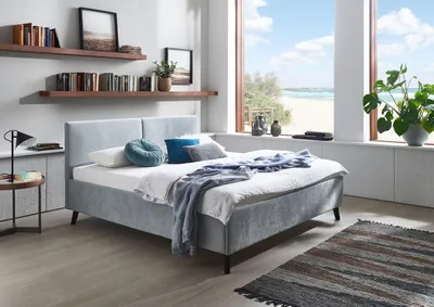 Produktbild von Meise Möbel Polsterbett Piano 160x200 cm | Doppelbett | Bettgestell | Kopfteil mit tiefem Einzug | Strukturstoff Hellblau | Holzfuß schwarz