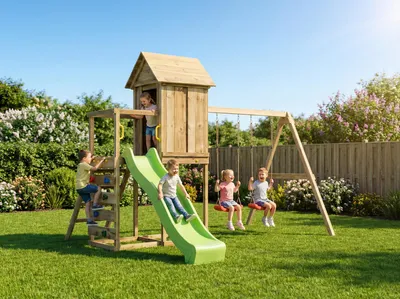 Produktbild von MaxPlay 5 KDI Spielplatz mit Spielhaus, Rutsche, Doppelschaukel, Kletterwand