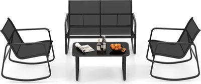 A black outdoor furniture set including a loveseat, two chairs, and a coffee table, arranged on a white background.