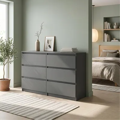 Produktbild von Masseno Kommode NUDO 120 cm Sideboard mit 6 Schubladen und  Türen für Wohnzimmer Schlafzimmer Modern 120x39x78,5 cm Anthrazit / Anthrazit