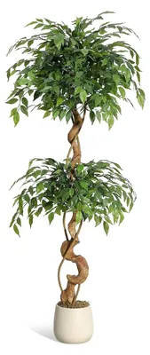 Image de Ficus artificiel - Arbre décoratif - 150 cm - Troncs courbés - Pot blanc - Feuilles en plastique - Pour l'extérieur - Vert