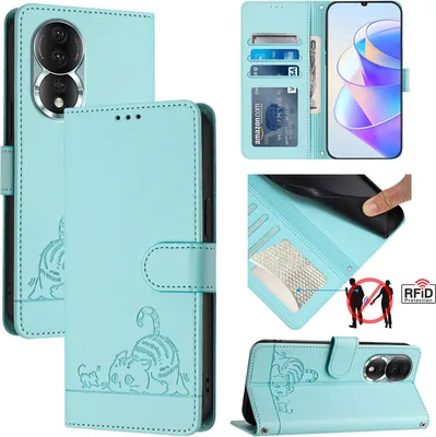 Produktbild von Leder Hülle für Honor 80 Süße Katze Flip Case Brieftasche Schutzhülle mit Standfunktion hellgrün