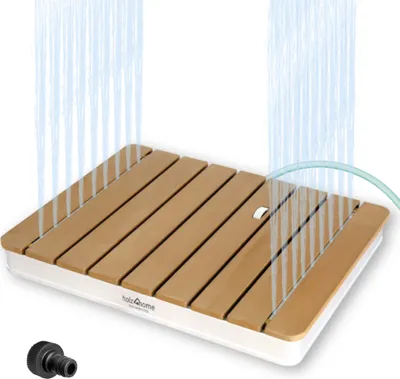 Produktbild von holz4home® Bodendusche als Gartendusche oder Pooldusche I Eckig aus WPC und Aluminium I Höhenverstellbarer Wasserstrahl mit Fußrad I Saunadusche