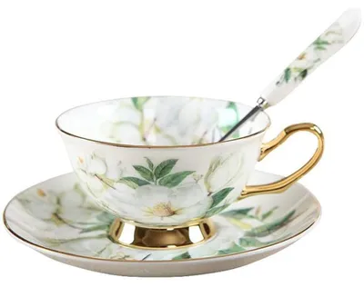 Immagine prodotto di Omgoods - Tazza da caffè in porcellana fine con piattino e cucchiaino, capacità 200 ml