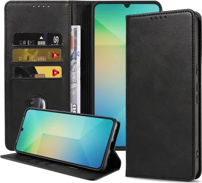 Produktbild von Smartphonica Handytasche passend für Samsung Galaxy A06 Kunstleder mit Magnetverschluss und Kartenhalter Buchhülle mit Klappe - Schwarz