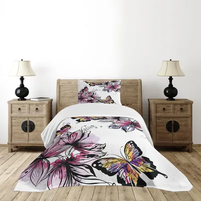 Produktbild von ABAKUHAUS Blumen Tagesdecke Set, Blume blüht Botanik-Blumensträuße mit buntem Schmetterlings-Malerpinsel-Aquarell-Druck, 170 x 220 cm, Mehrfarbig