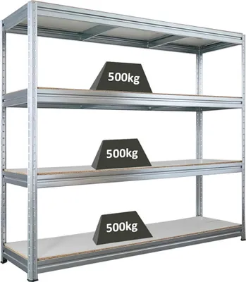 Produktbild von Schwerlastregal DINO | HxBxT 180x200x60cm | 4 Melamin-Ebenen 16mm | Fachlast 500kg | Verzinkt