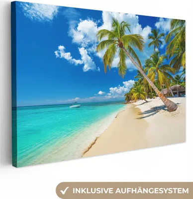 Produktbild von OneMillionCanvasses® - Leinwandbilder - 140x90 cm, Strand - Meer - Boot - Palme, Wandbilder Kunstdruck Wanddekoration