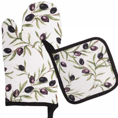 Produktbild von Ravi Kochhandschuh mit Topflappen Baumwolle 30cm Weiß Olivenmuster