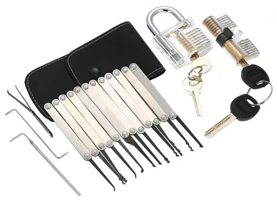 Produktbild von 15-teiliges Lockpicking-Set, Werkzeug mit zwei transparenten Übungs-Vorhängeschlössern für Schlosser-Anfänger und Profis