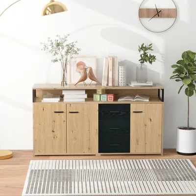 Produktbild von Merax Kommode mit 3 Schubladen und 6 Fächern, Sideboard mit verstellbaren Einlegböden, Anrichte multifunktion Highboard, Breite 150cm, Eiche