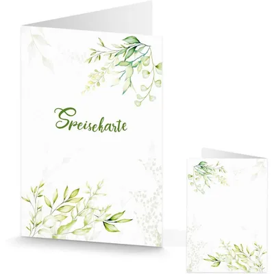 Produktbild von 10 weiß grüne Menükarte Speisekarte Tischaufsteller Gastronomie Klappkarte MENÜ - Hochzeit Kommunion Geburtstag Tischdeko Tageskarte hellgrün floral Blätter Blumen natürlich10 Stück