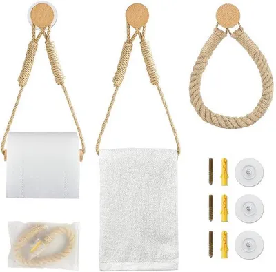 Produktbild von Holz-Toilettenpapierhalter 3er-Pack mit Hanftau, boho Dekoration