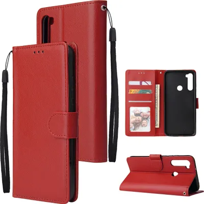 Produktbild von Für Redmi NOTE 8 Kunstleder Front Putton Schutz Handyhülle mit 3 Karten Halterung rot