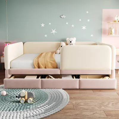 Produktbild von STILVORA Polsterbett 140x200 cm mit Matratze Bettgestell mit Sicherheitsumrandung und Aufbewahrungsschublade, Kinderbett mit abgerundeten Ecken, Jugendbett aus Samtstoff