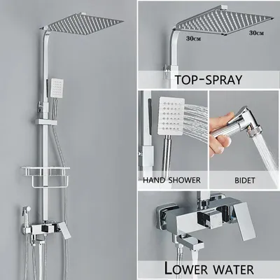 Produktbild von Wandmontage Duschsystem Badewanne - Regendusche Armatur - 4-Wege Umsteller - 30 cm Kopfbrause - Handbrause - Wannenauslauf - Einhebelmischer Warm/Kalt - Schwarz
