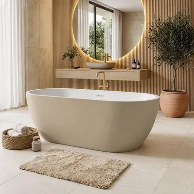 Produktbild von Badplaats Freistehende Badewanne Bahia 170 x 73 x 58 cm Cashmere mit Weiß - Standbadewanne aus Acryl mit Mit Überlauf und Abflussstopfen